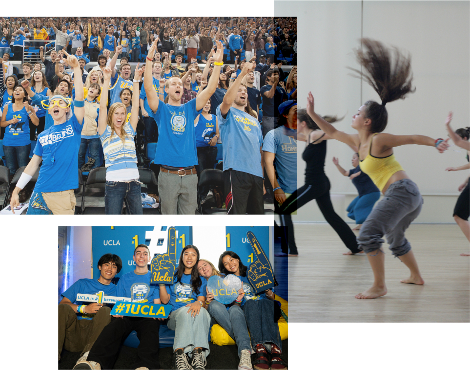 Collage of Crowd cheering, female dancing, and a group of students
