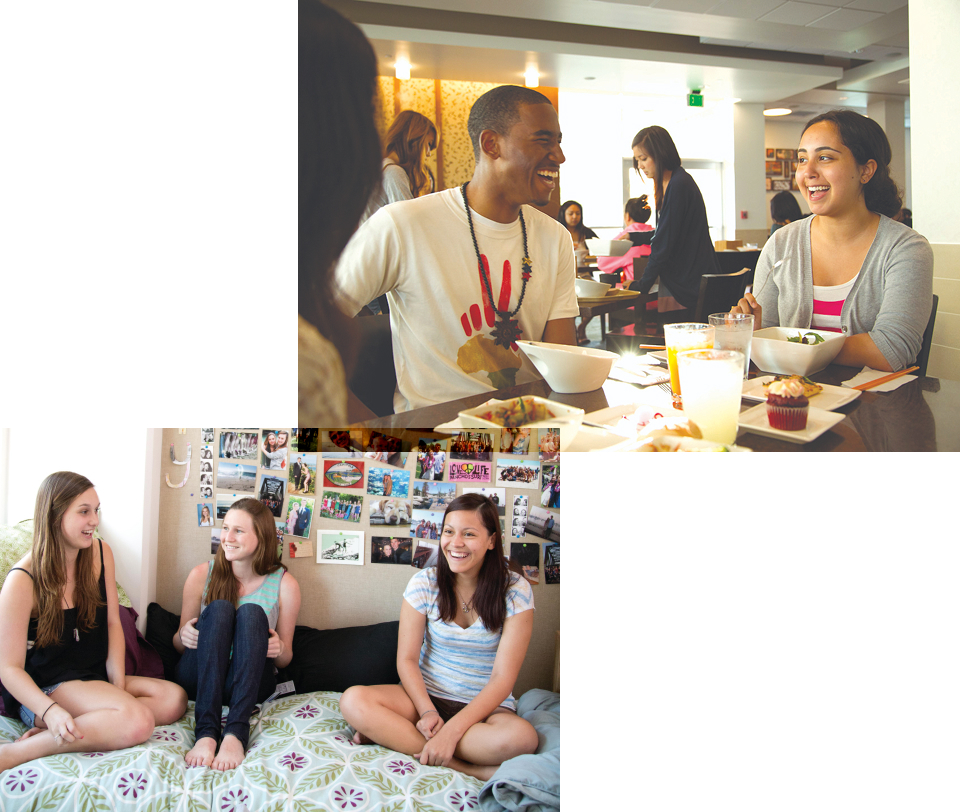 A collage of people eating at a table, and 3 females sitting on a bed